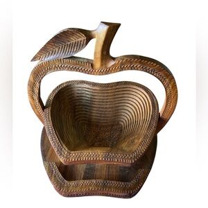 Carved Wooden Apple Bowl Set